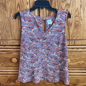 Chic Cabi Sleeveless Top. Taupe/gray with orange/gold details.